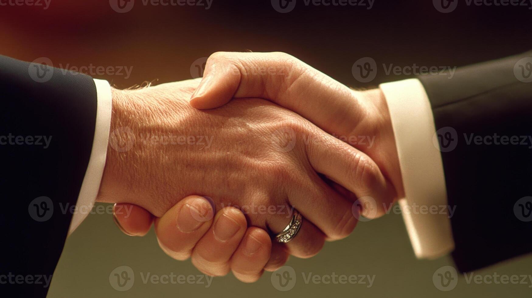 A closeup of two hands clasping firmly in a handshake one adorned with a simple silver ring while the other has a wrisch peeking out from beneath a crisp cuff. The leaders confiden photo