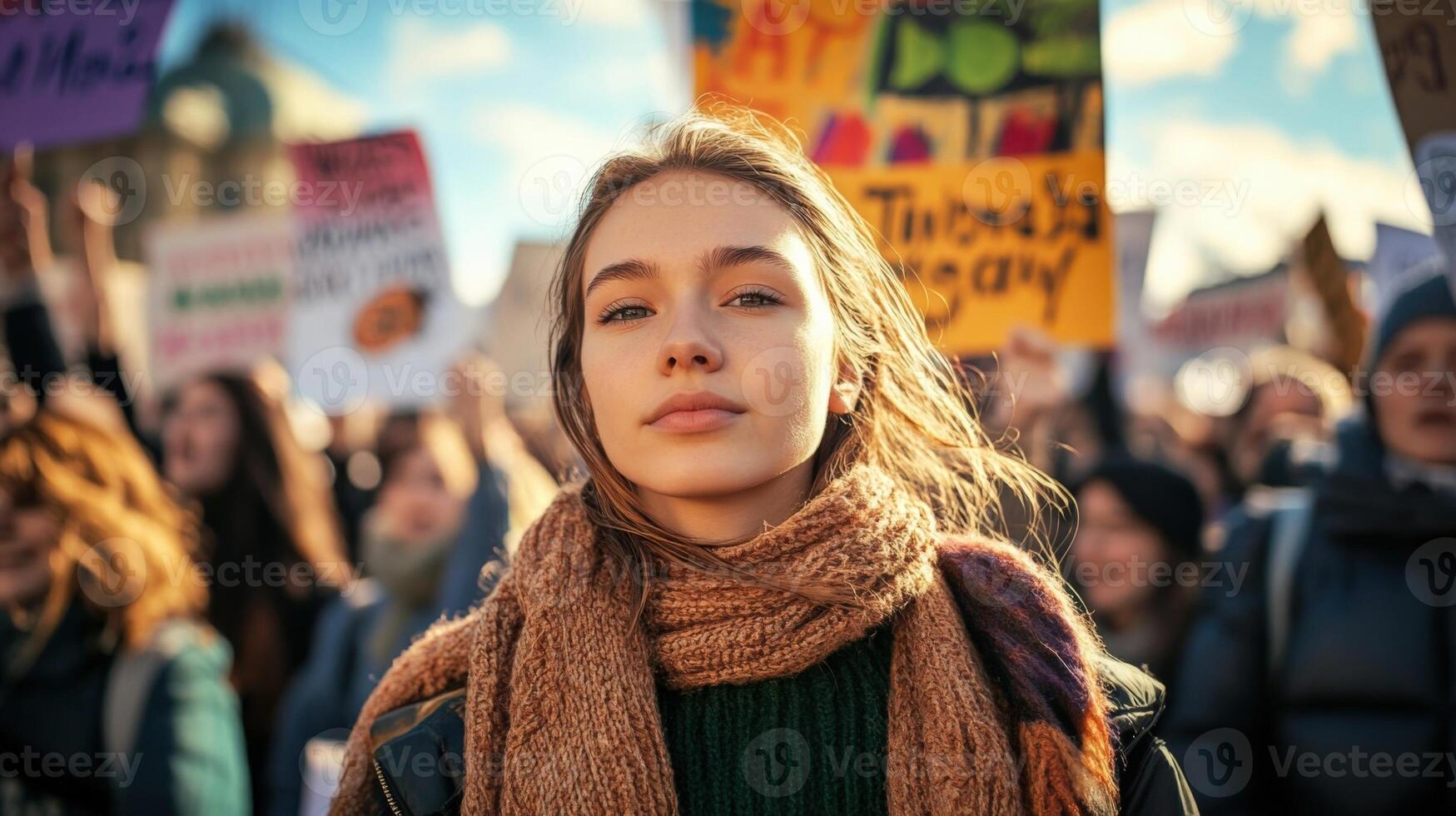 A young woman stands at the forefront her face serene yet passionate as she raises a sign exclaiming unity a different communities. In the background a sea of supporters holds up simila photo