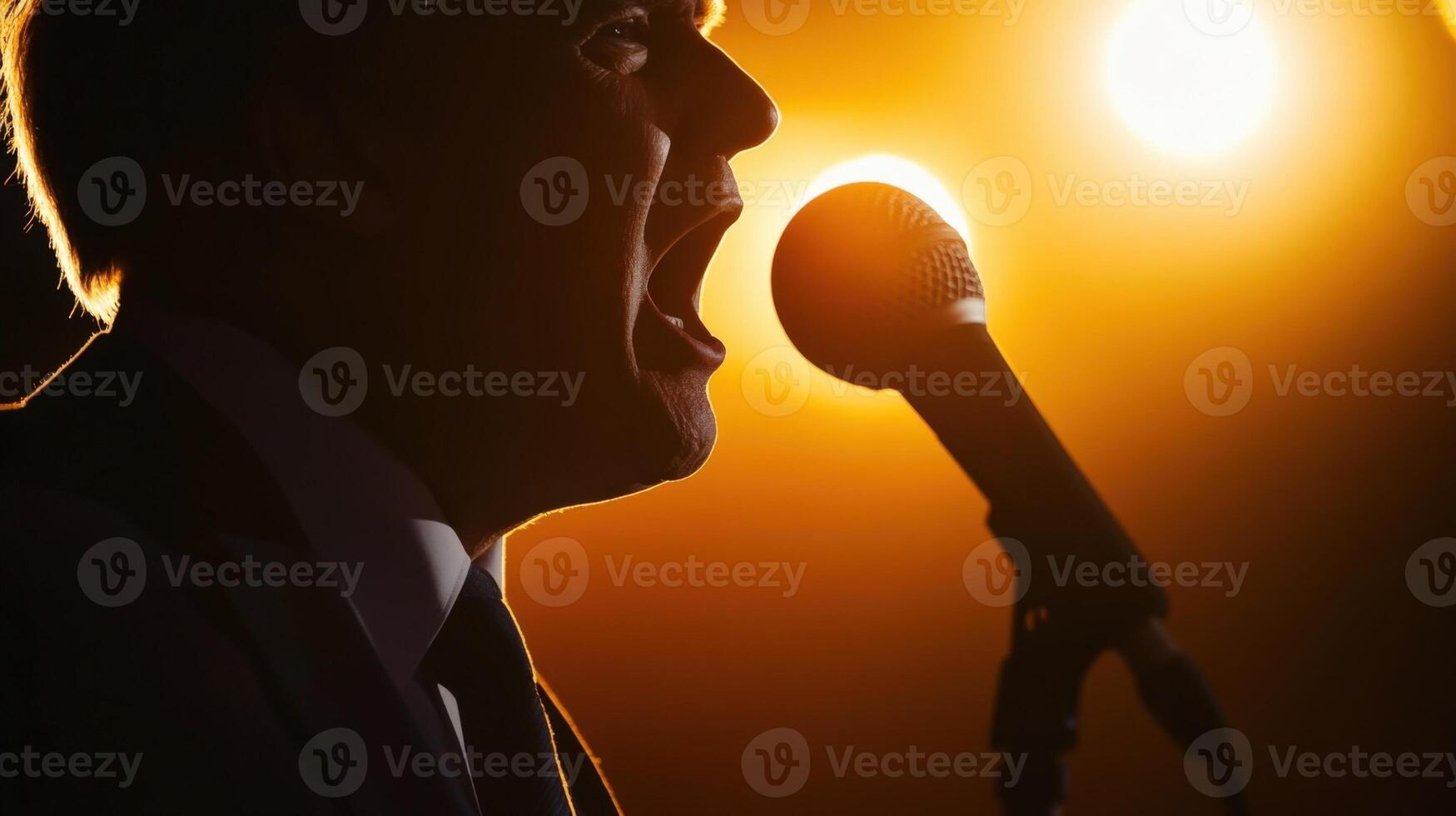 Politician giving impassioned speech under warm stage lights photo