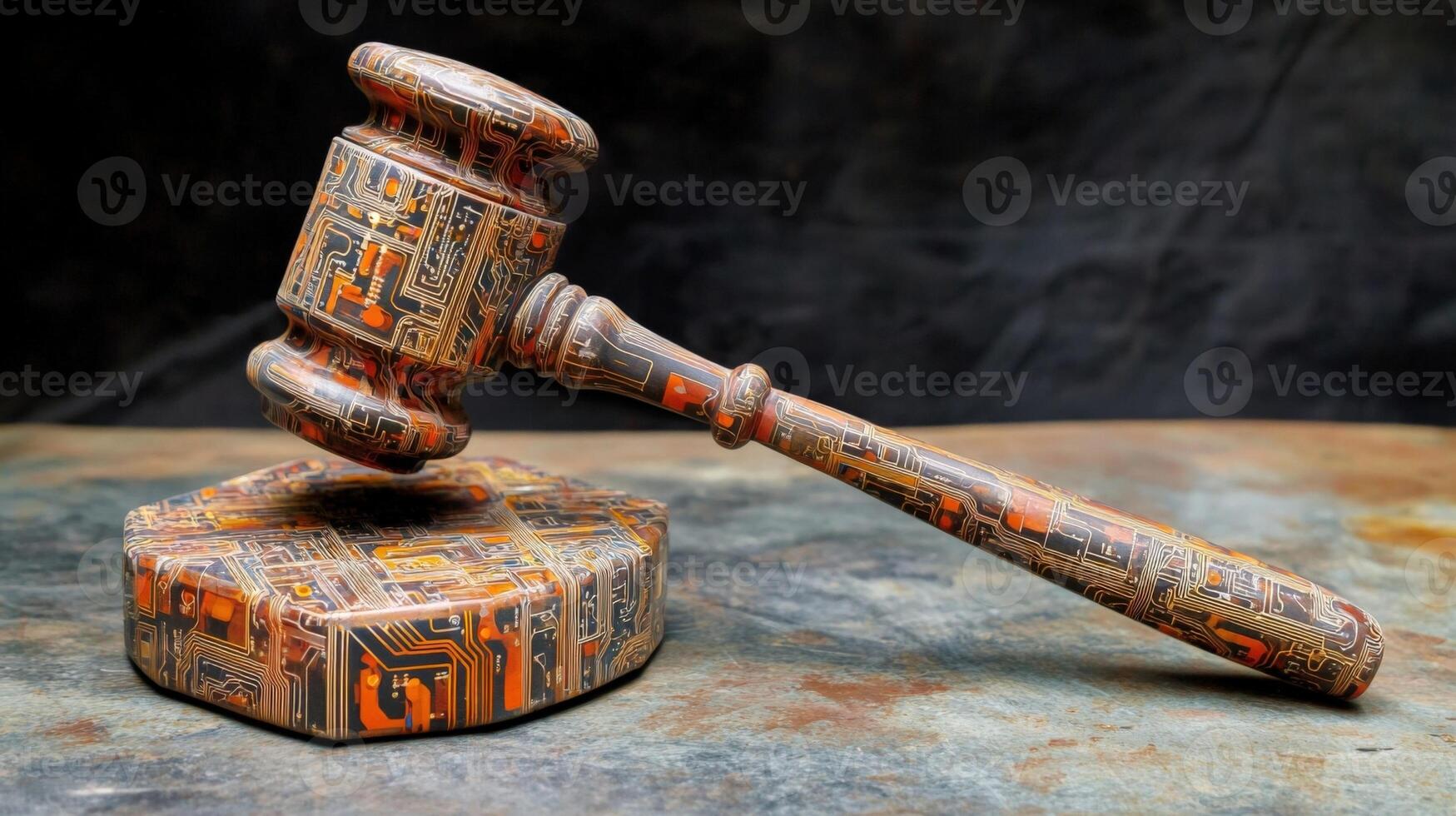 An abstract representation of a gavel composed of circuitry patterns reflecting the intersection of justice and technolog photo