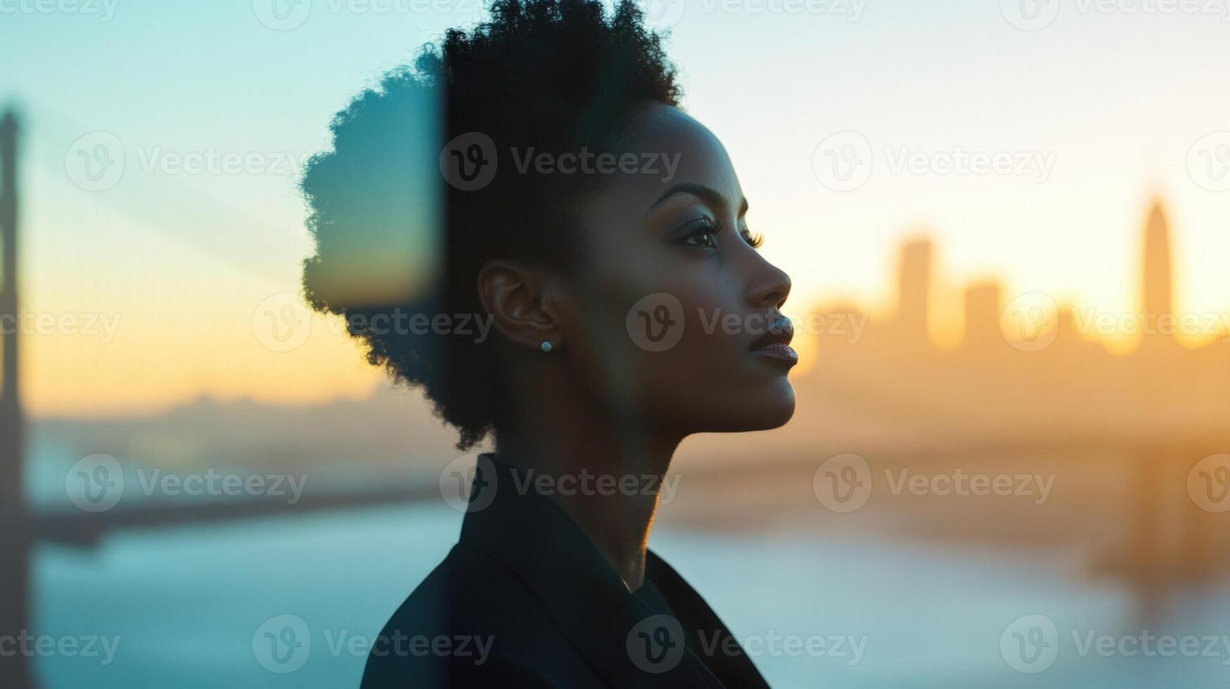 A poised leader tilts their chin slightly embodying determination and resilience. The ethereal backdrop features blurred outlines of grand bridges and notable landmarks resonating wit photo