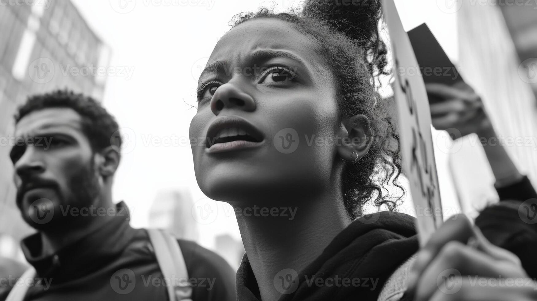 Young activists protesting for social justice and equality in black and white photo