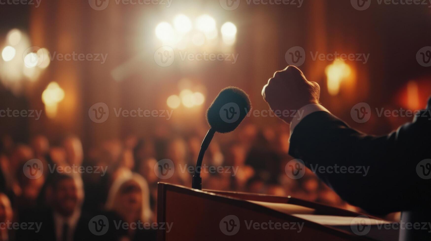 A focus on the politicians hands gripping the podium tightly while delivering their speech. Their brow is furrowed with passion and the dimly lit background features cheering supporter photo