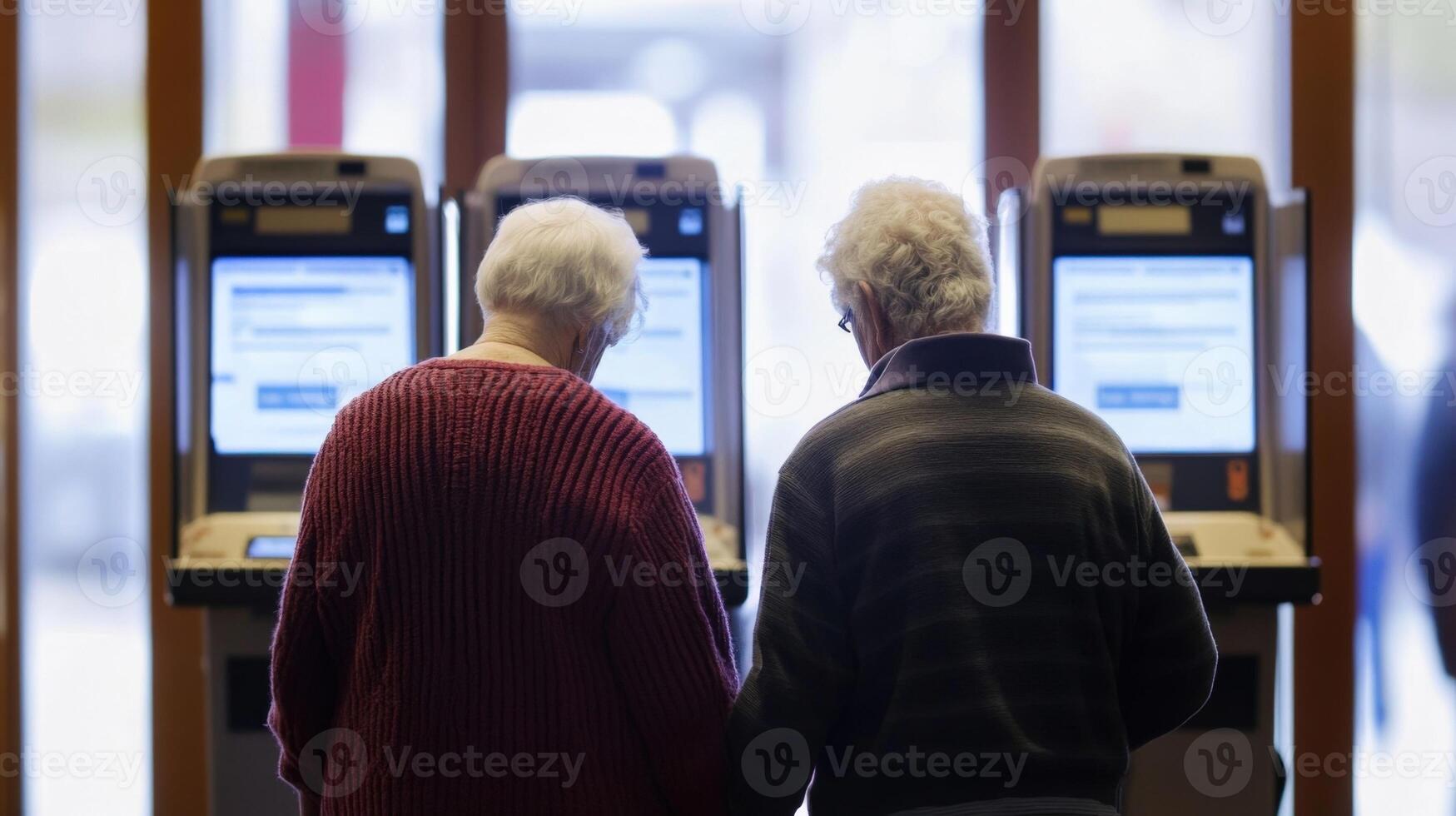 An elderly couple stands hand in hand their faces reflecting years of shared experiences surrounded by the hustle of younger voters as they approach the entrance of a stateofthear photo