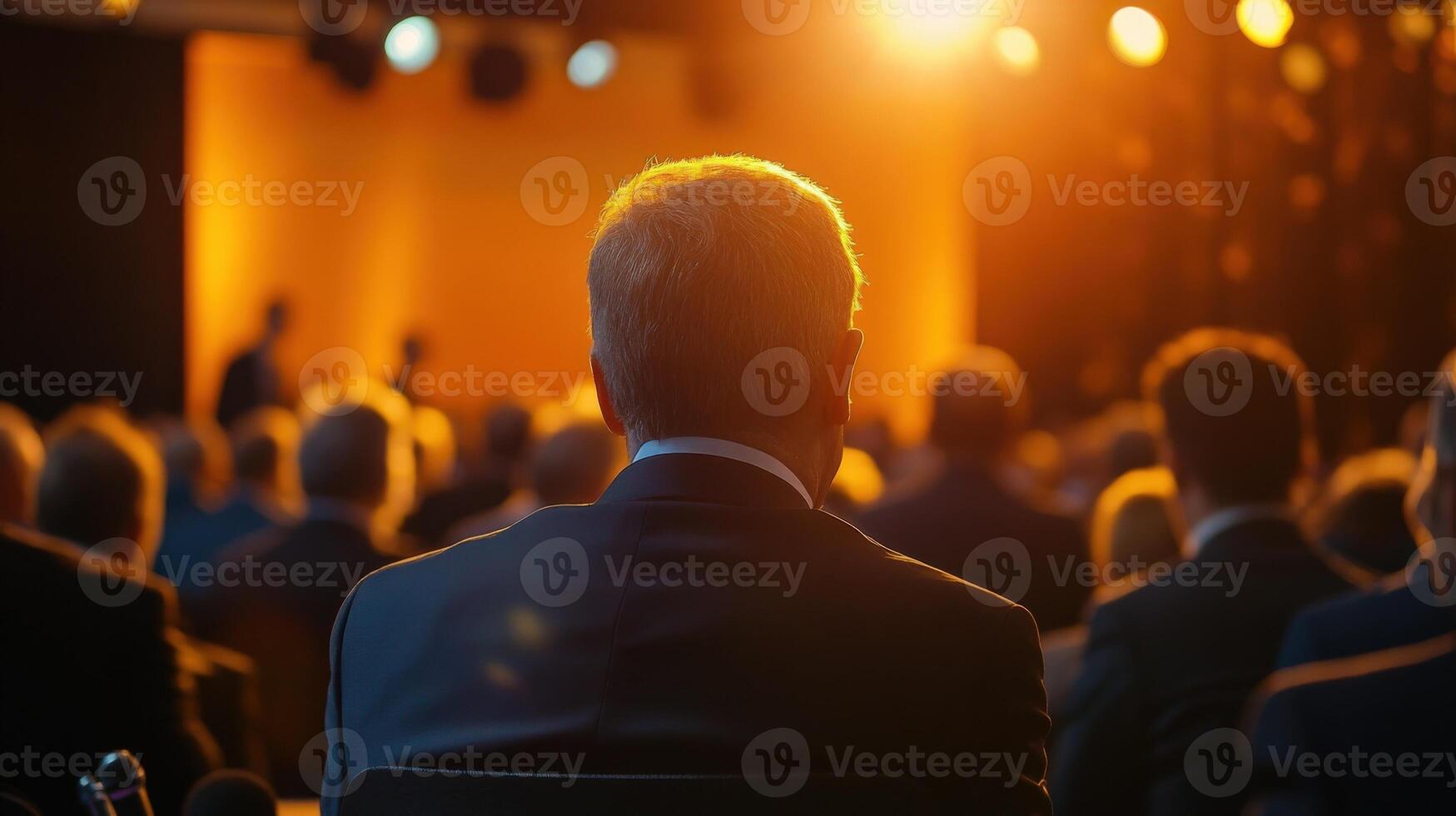 Businessman attending conference listening to speaker on stage photo