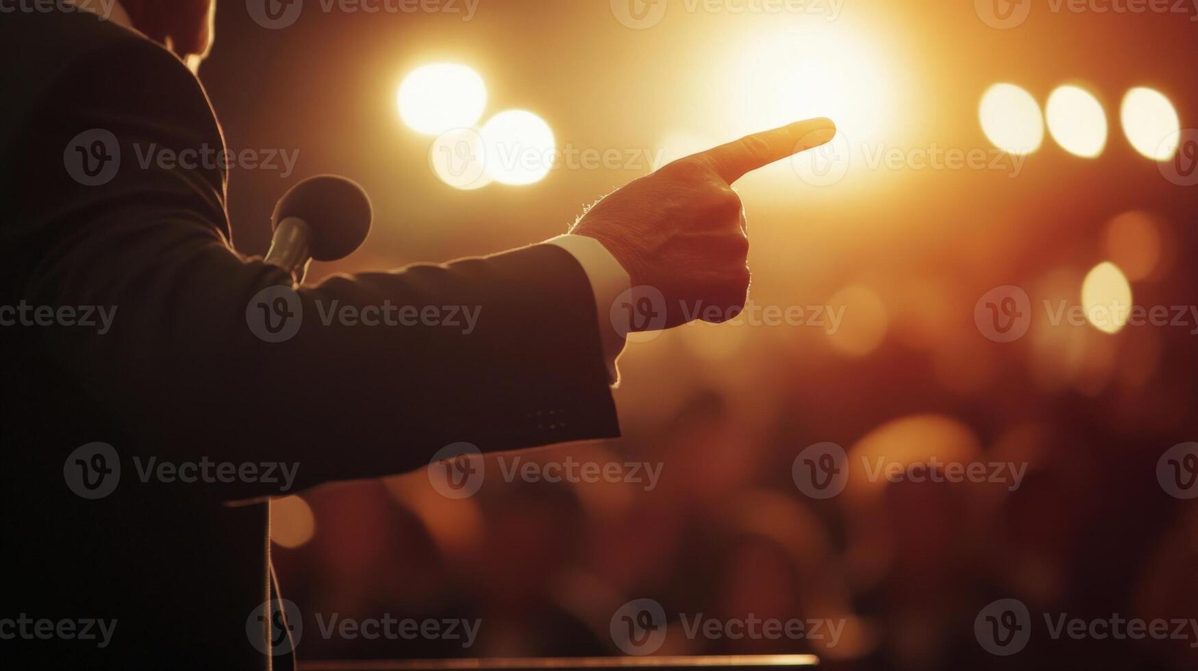The camera zooms in on a politicians hands as they emphatically point towards the audience conveying urgency. The soft blur of lights behind them reinforces the dynamic energy of thei photo