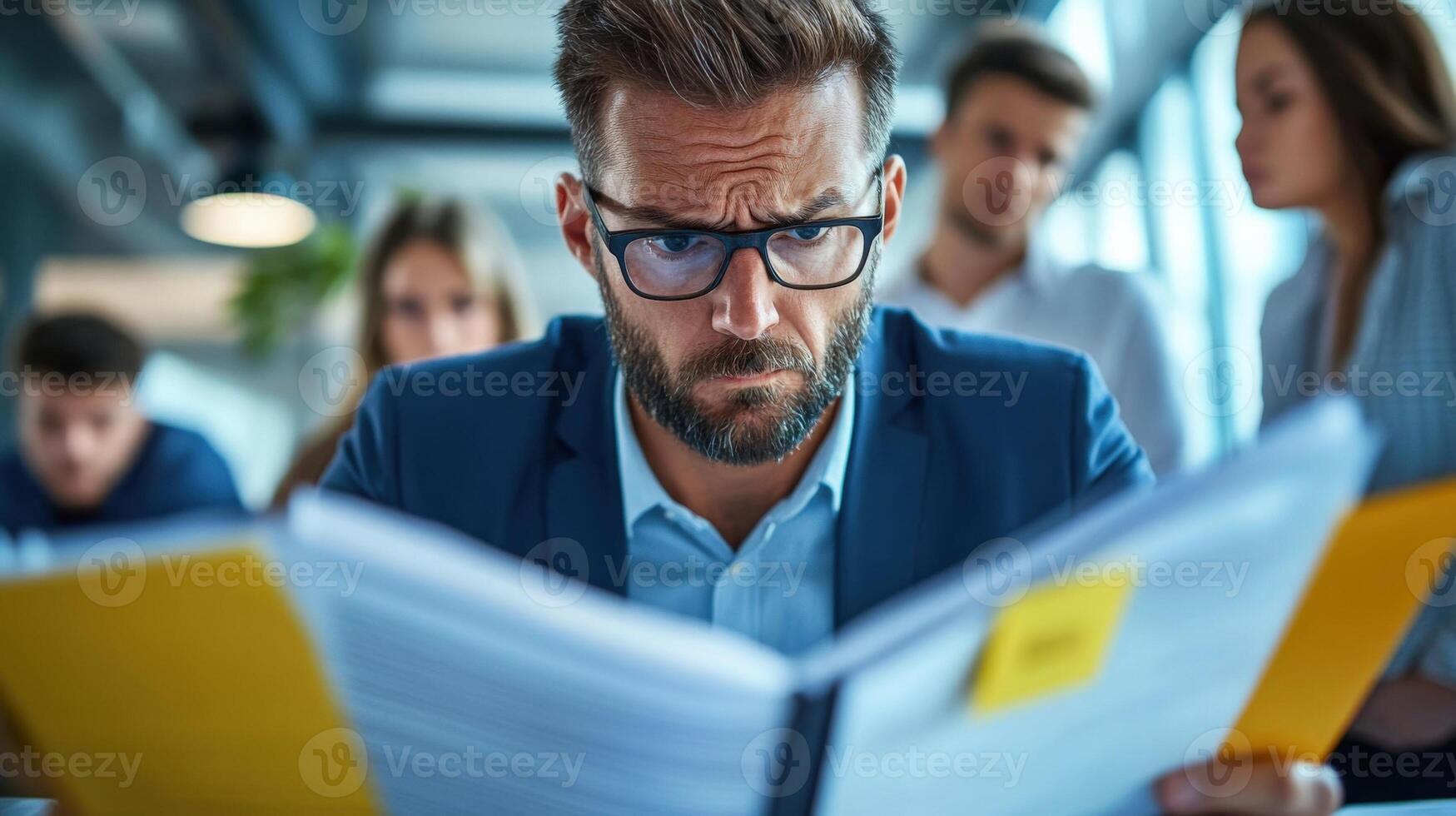 Politician reading documents with concerned expression in meeting photo