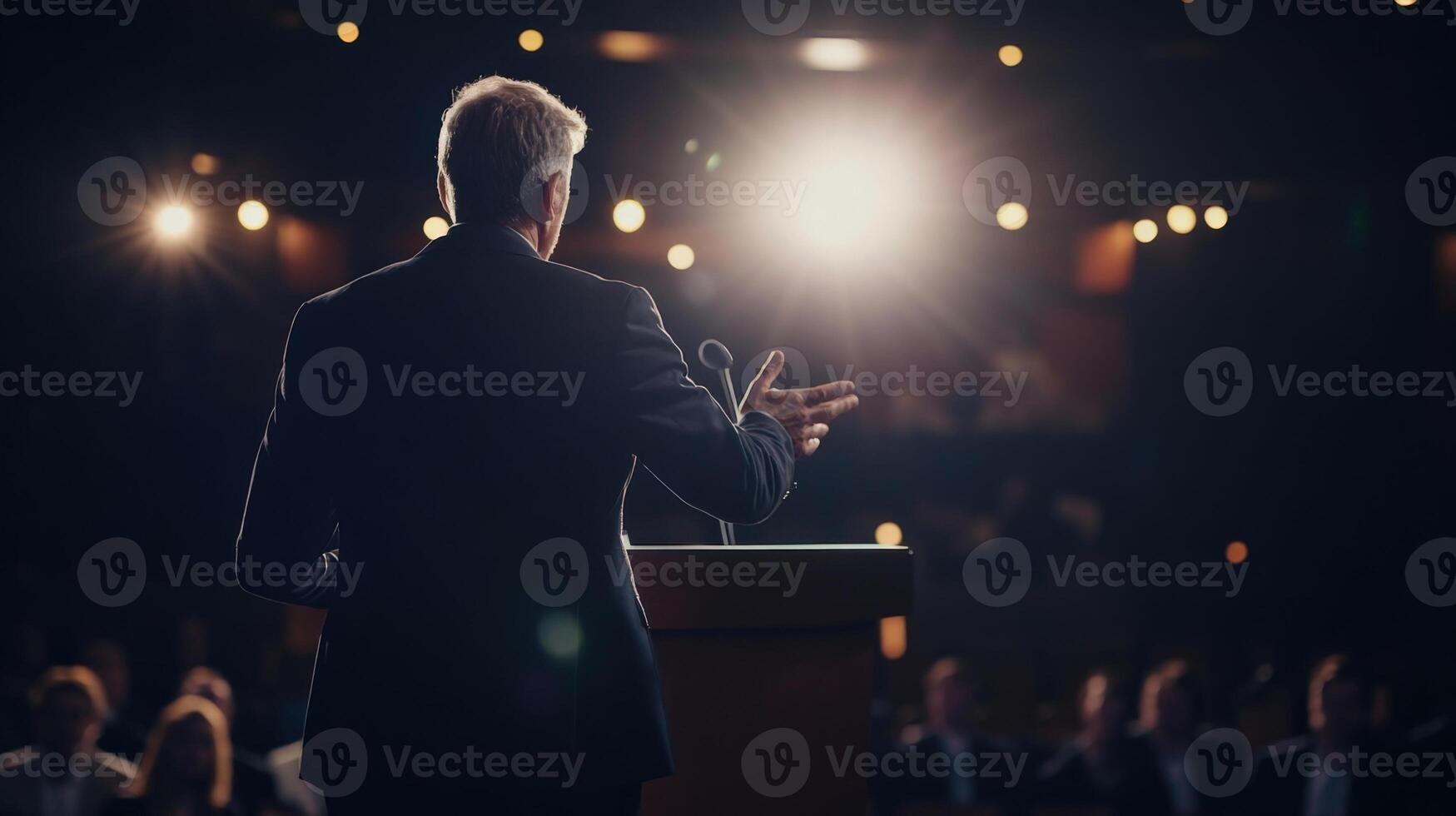 The politician stands with an assertive posture gesturing with one hand while the other rests on the podium illuminated by soft stage lighting as indistinct faces in the audience lea photo
