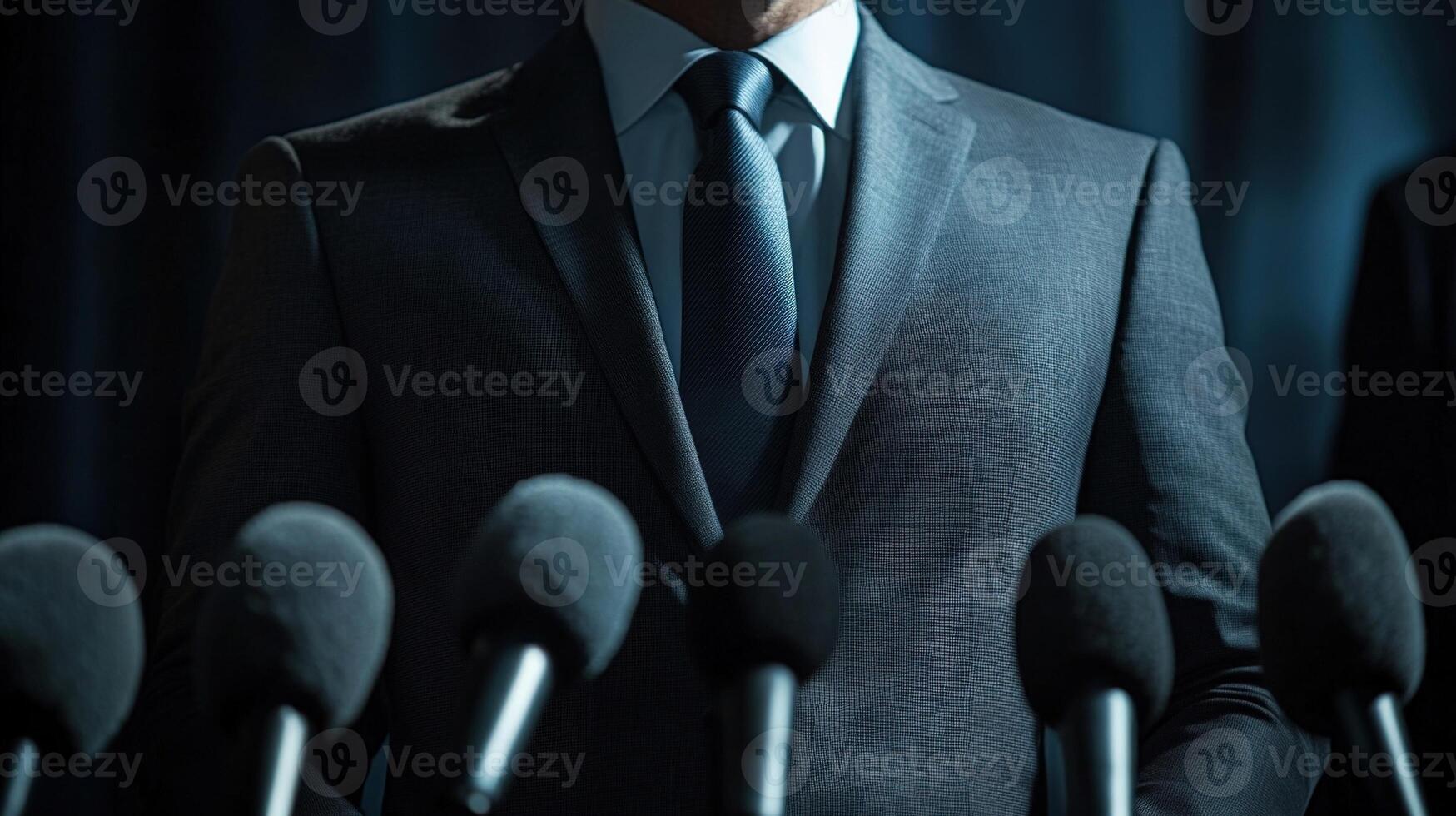 The politicians striking charcoal grey suit contrasts sharply with the bright welllit backdrop of a press conference highlighting the sharp lines of the tailored jacket. Their eye photo
