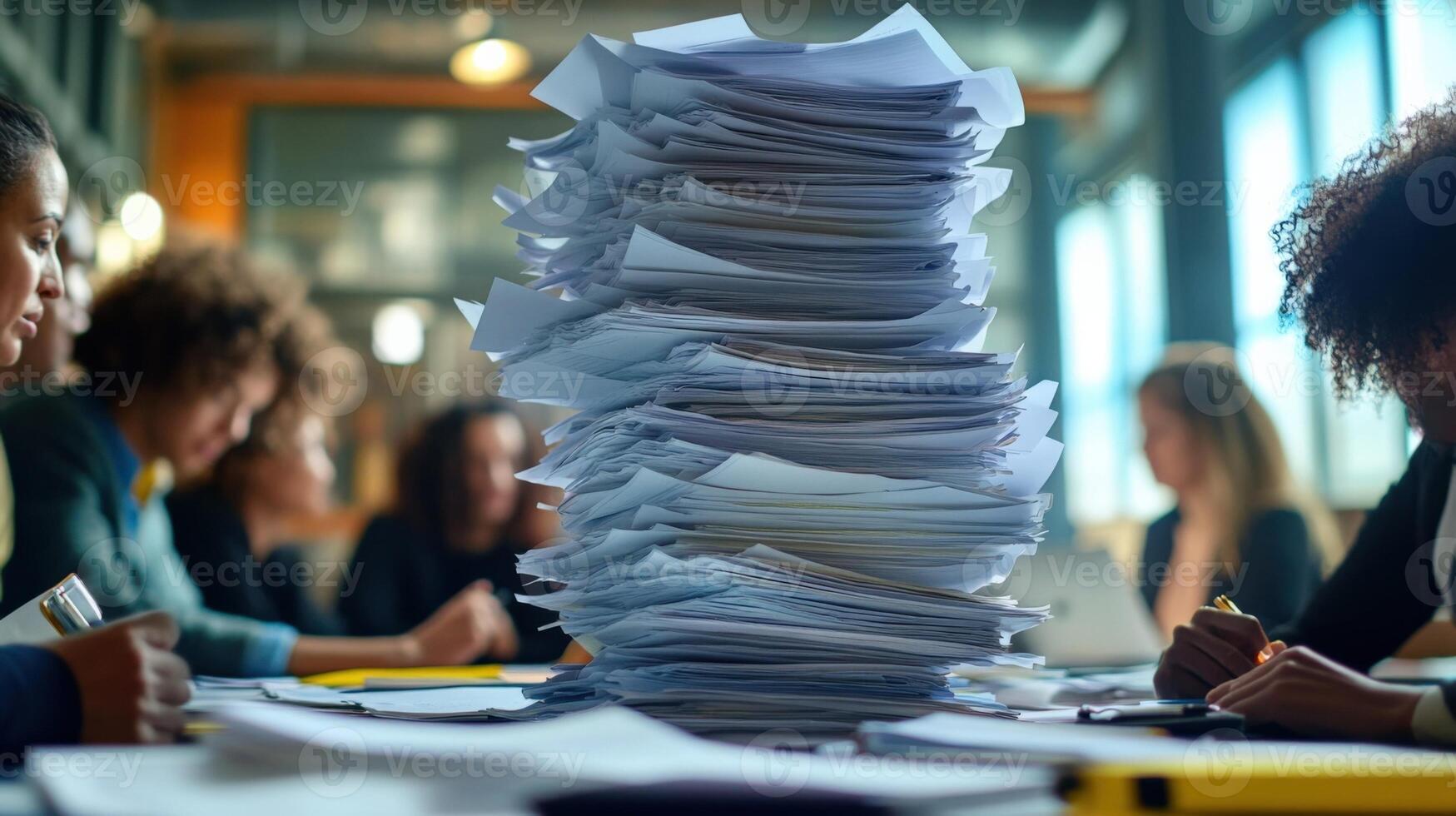 Bureaucrats working with huge stack of paper documents photo
