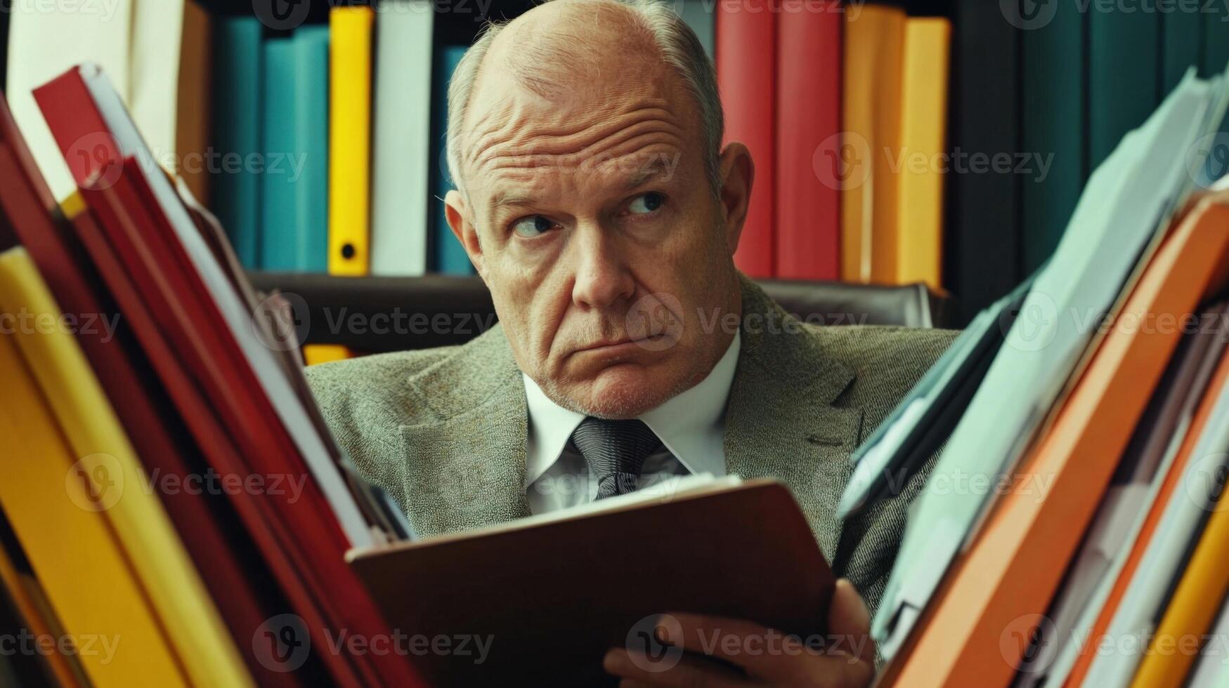 Surrounded by an array of colored files and digital tablets a politician furrows their brow contemplating their next step photo