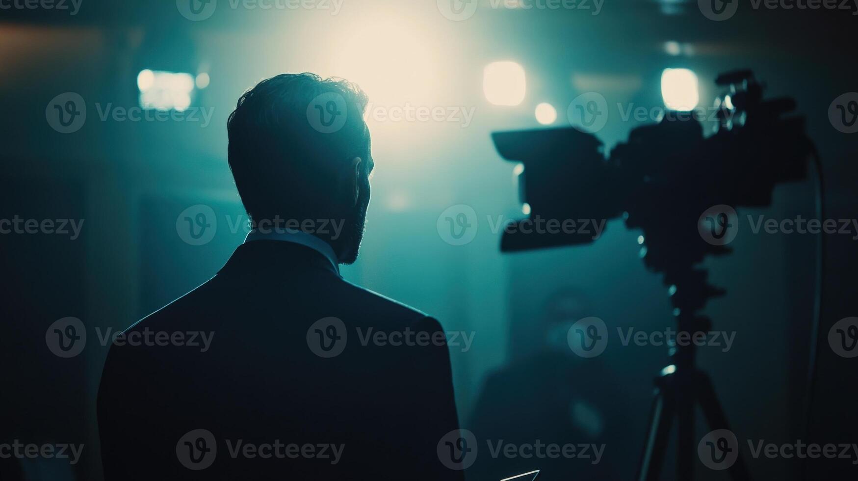 The politician engages directly with a reporter their face illuminated by the subtle light radiating a sense of urgency and conviction. The defocused background reveals an array o photo