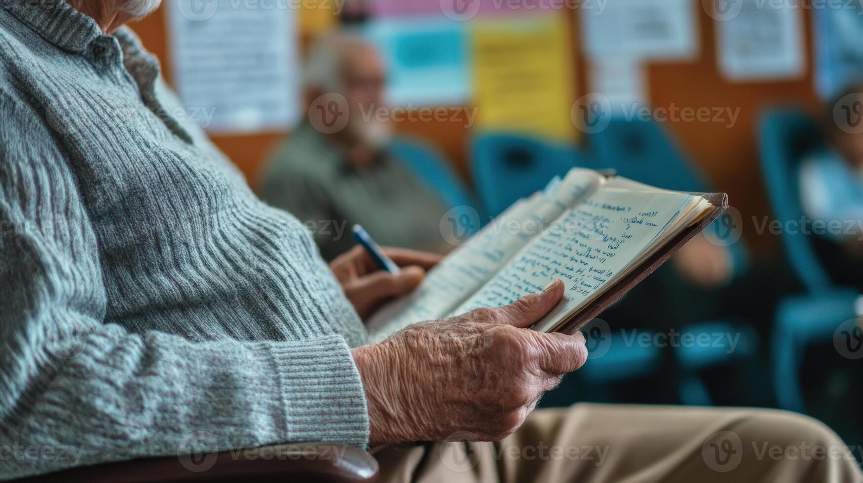A closeup on the hands of an elderly man gripping a notepad with notes scribbled in the margins. His attentive gaze is directed at the speaker providing insight into the key concern photo
