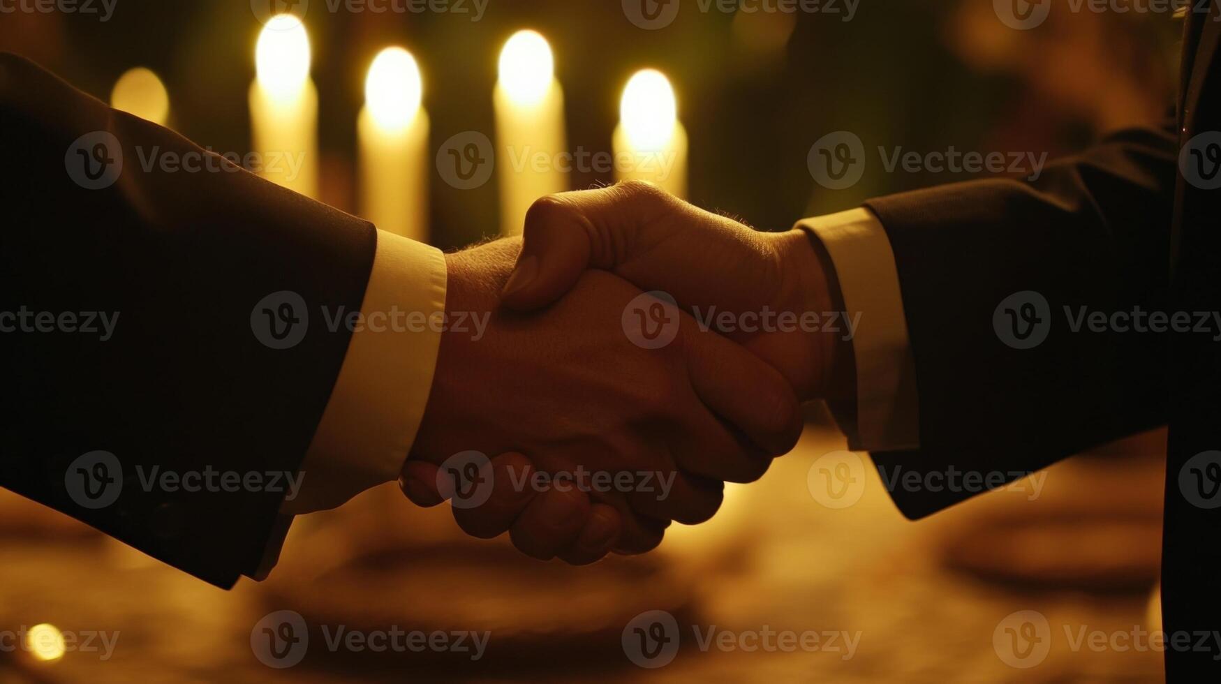 The scene centers on a handshake between two diplomats fingers interlacing subtly capturing a moment of trust and partnership. Behind them soft focus reveals flickering candleligh photo