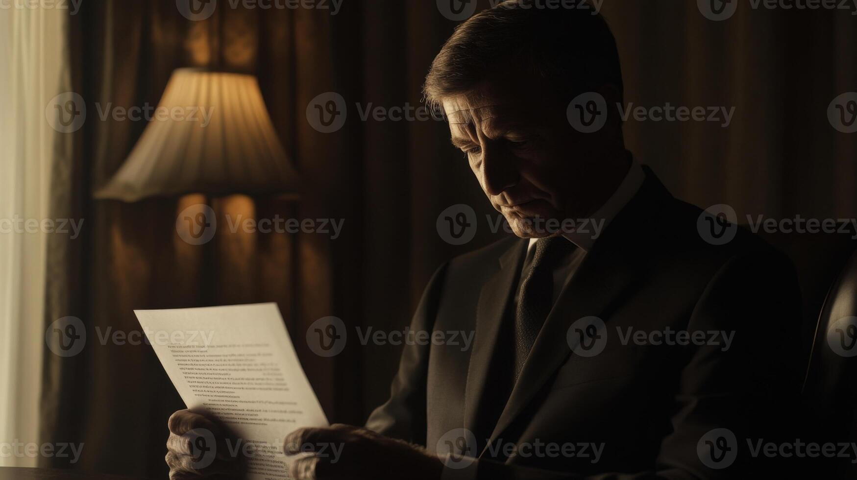 A serene moment is depicted as a diplomat gazes thoughtfully at a document the contours of their face illuminated by soft ligh photo