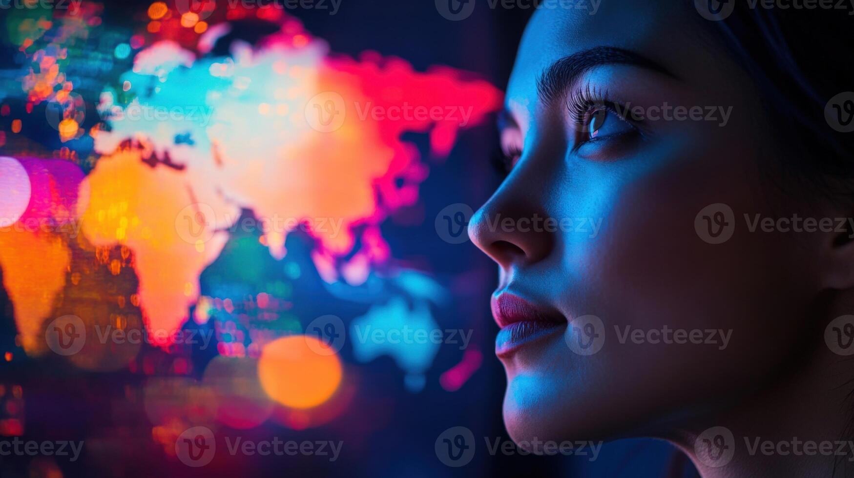 The face of a thoughtful diplomat is illuminated by soft lighting accentuating furrowed brows and a pensive expression. Behind them the abstract world map blurs into vibrant color photo