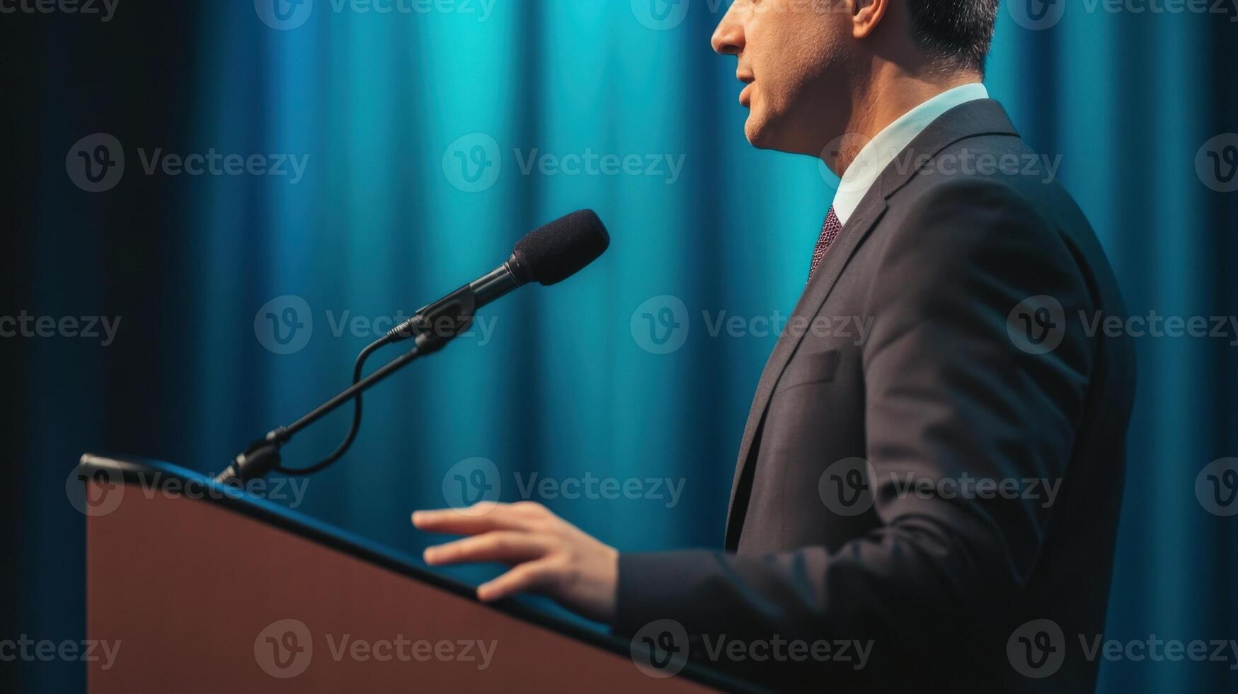 In a medium closeup a politician expresses determination while speaking passionately at a podium with an unwavering gaze. The background is a gradient of rich blue tones giving an photo
