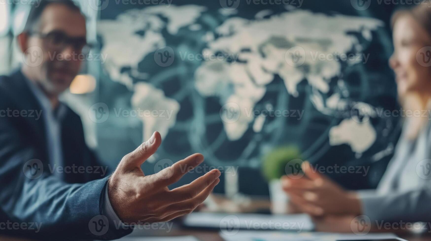 A senior diplomat gestures with open hands emphasizing key points during a strategic meeting. The blurred swirling patterns of a world map behind them add a sense of urgency and th photo