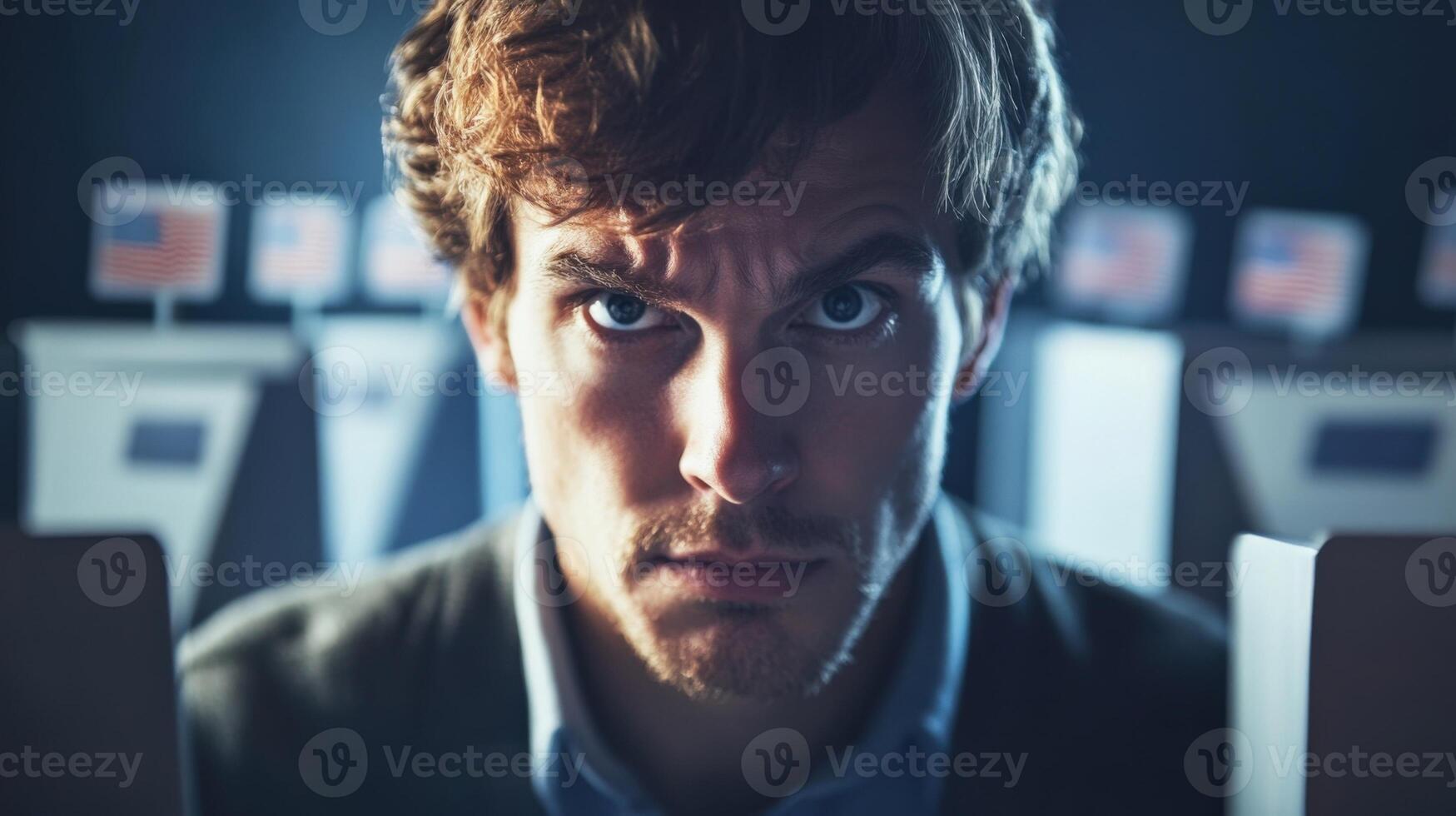 A determined candidate with furrowed brows and intense focus highlighted by the soft blurred outlines of voting booths and civic emblems behind him evokes a sense of urgency and dedicatio photo