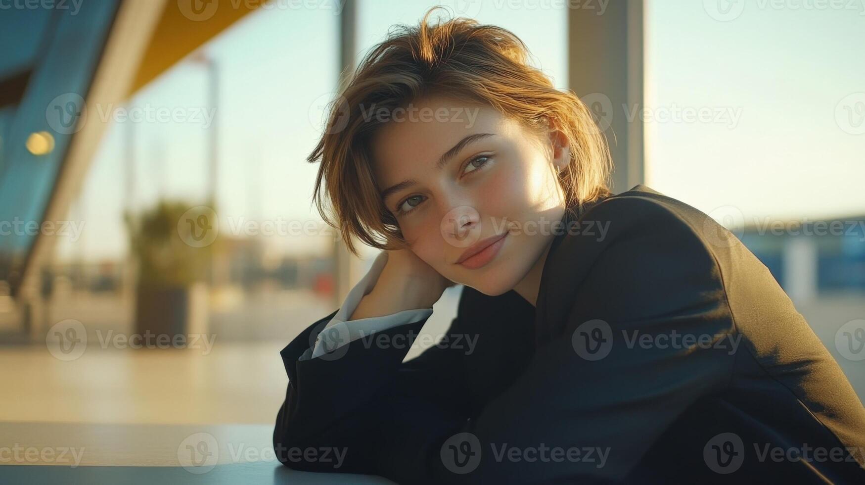 A young leader with a thoughtful smile leans slightly forward resting their elbow on a table as they engage with unseen listeners while the elegant lines of modern public structure photo