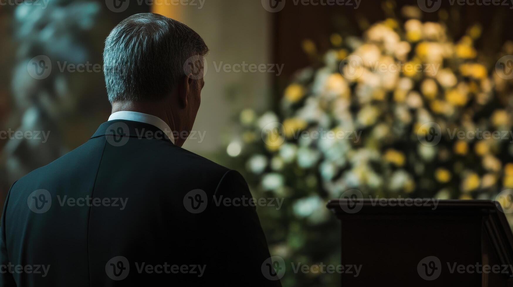 Leaning slightly forward with an intent gaze a diplomat listens carefully to an unseen counterpart the blurred elements of a ceremonial setting such as a podium and floral arrangement photo