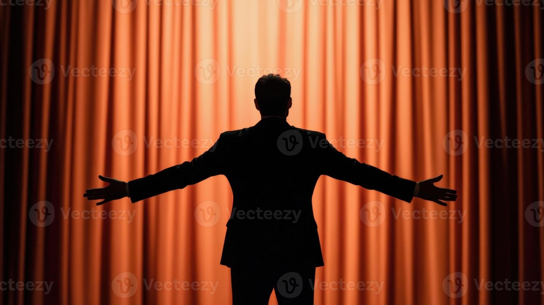 The politician stands tall with a commanding presence arms outstretched as if inviting the audience to join in their vision. The softly blurred curtain behind them provides a gentl photo