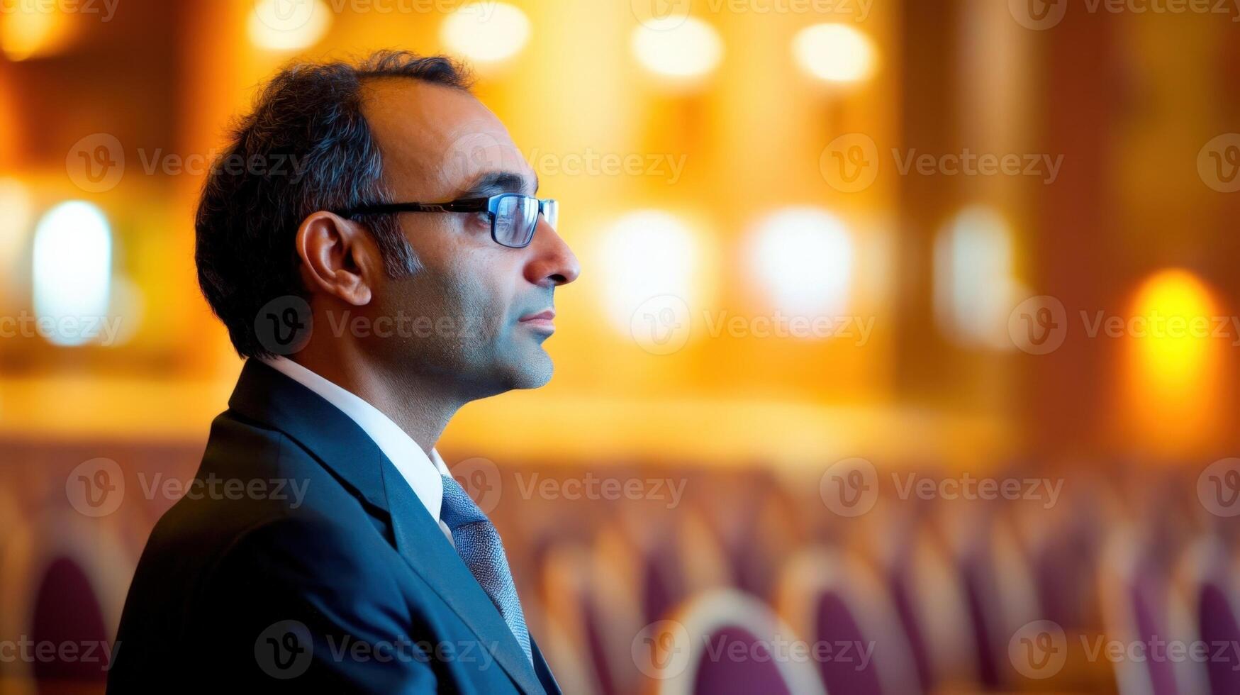 In a candid moment the diplomat leans slightly forward in interest capturing the essence of diplomacy. The rich colors of the conference halls furnishings fade into a blurred backgroun photo