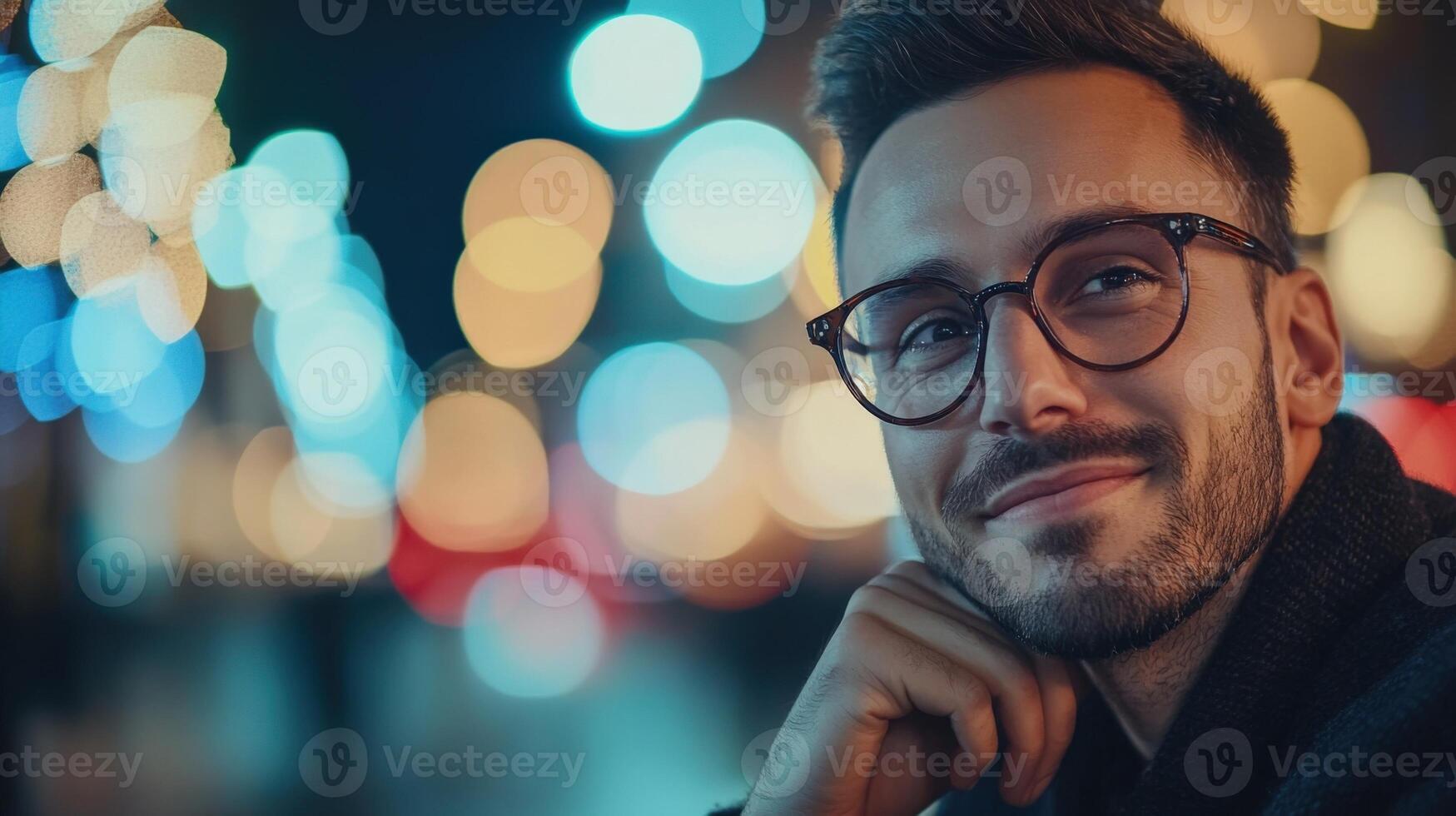 With an engaging smile the politician rests their chin on their hand in contemplation the softly blurred city lights behind them providing a festive backdrop that contrasts with th photo