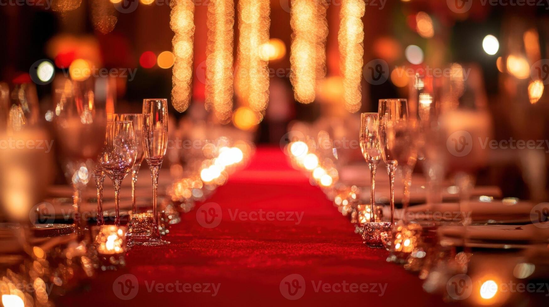 Elegant table setting with red carpet and candle lights for a luxurious gala dinner photo