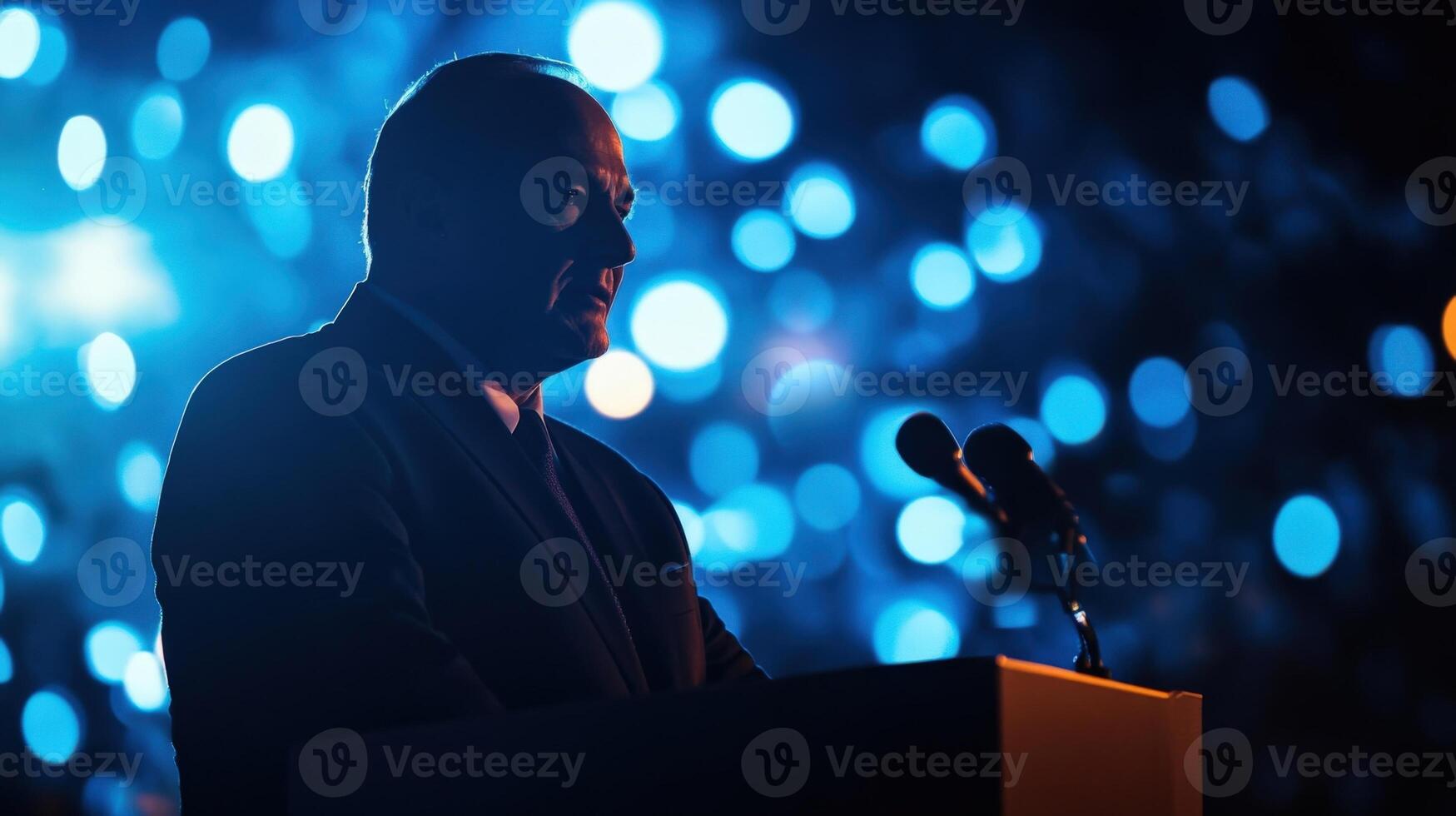 Politician giving a speech at press conference with blue bokeh background photo