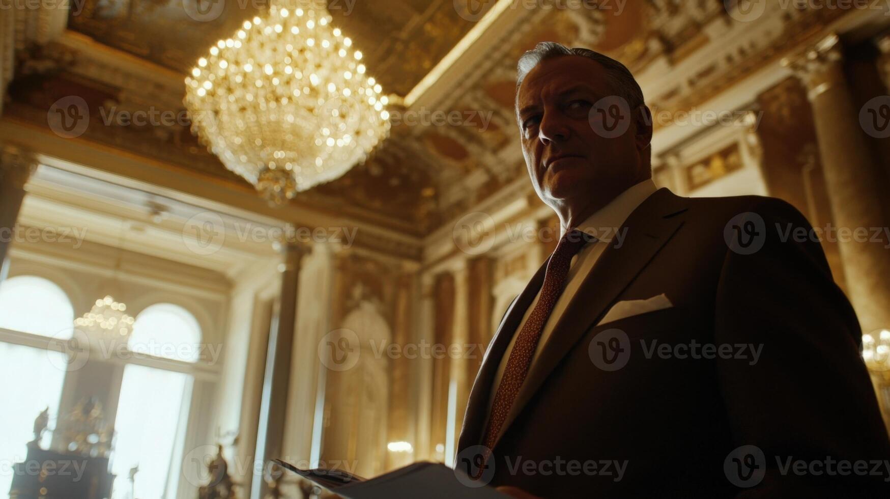 Politician holding documents in ornate government building photo