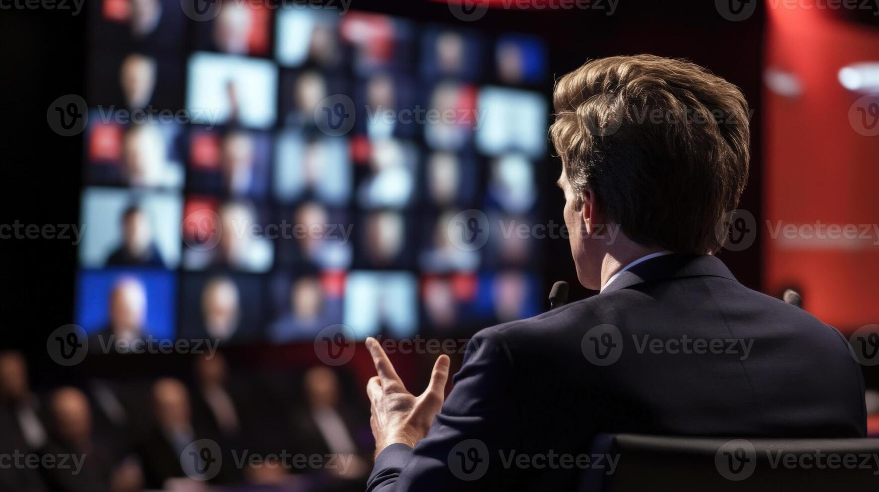 A closeup of the moderator an experienced journalist midsentence gesturing emphatically to encourage dialogue. The backdrop features a large screen displaying realtime social medi photo