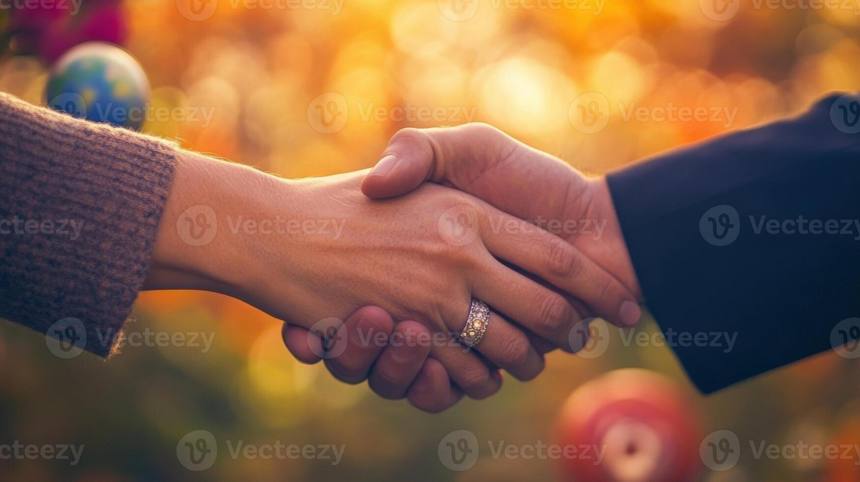 The image captures a closeup of two hands one adorned with a distinct ring meeting in a handshake signifying agreement and collaboration. In the background gentle hues blur togethe photo