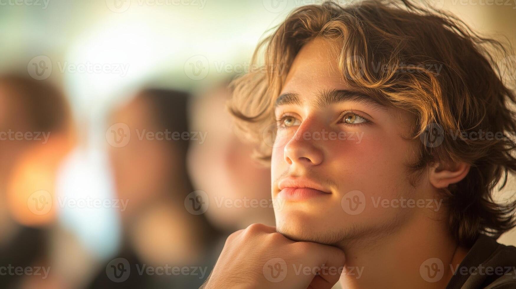 Young man contemplating politics with hopeful expression photo