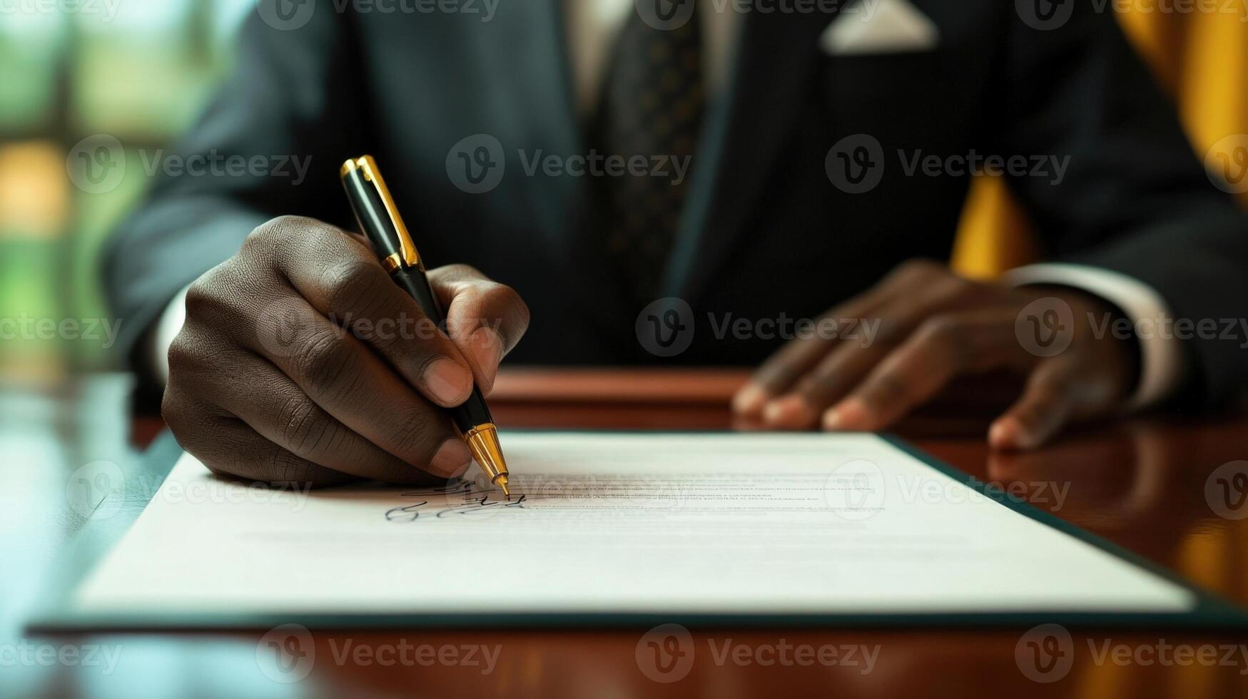 Captured in a moment of concentration the politician grips the pen firmly his signature flowing across the document. The insignia in the background is softly blurred symbolizing th photo