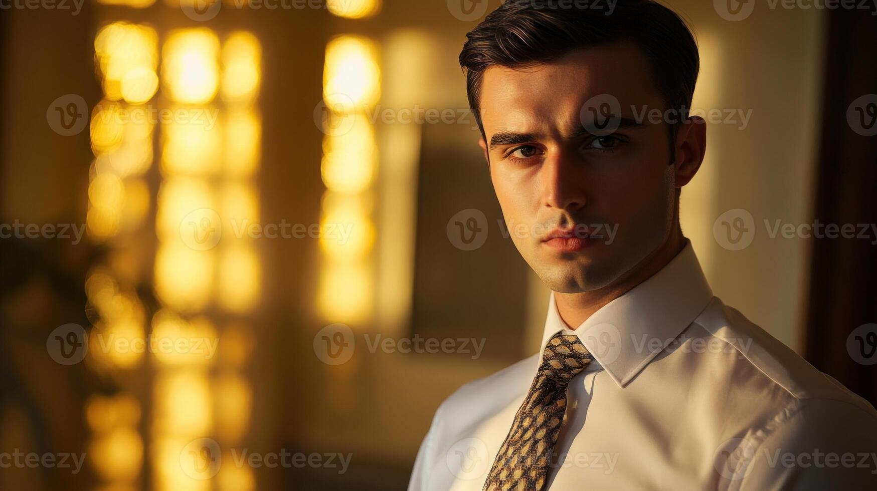 A young diplomat in a crisp white shirt and patterned tie gazes thoughtfully at the viewer with the delicately blurred background featuring muted gold tones adding an air of sophisticatio photo