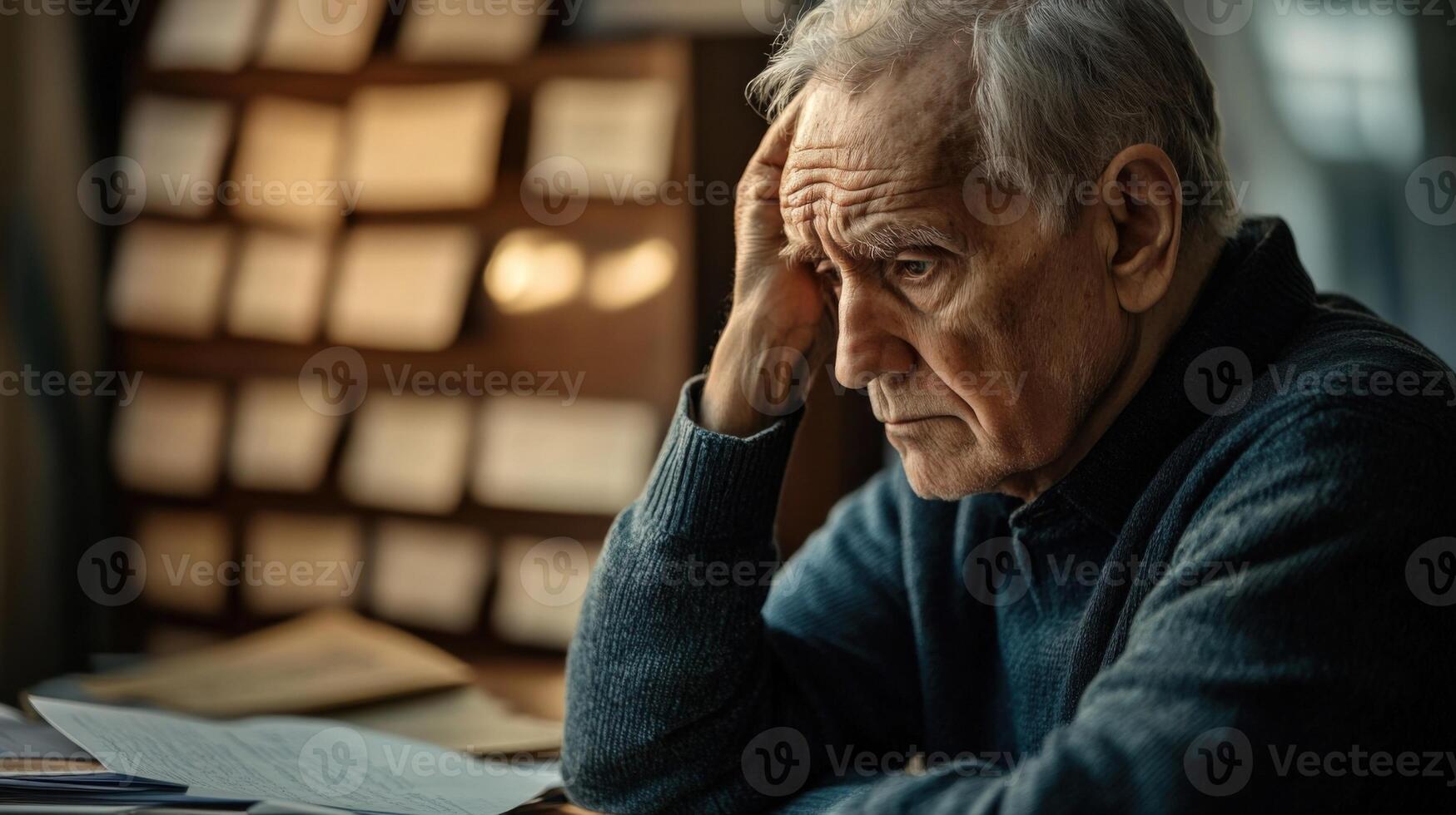An elderly politician seated at a conference table rests their head in one hand looking pensive as they listen to a discussion. The background showcases a softly defocused array o photo