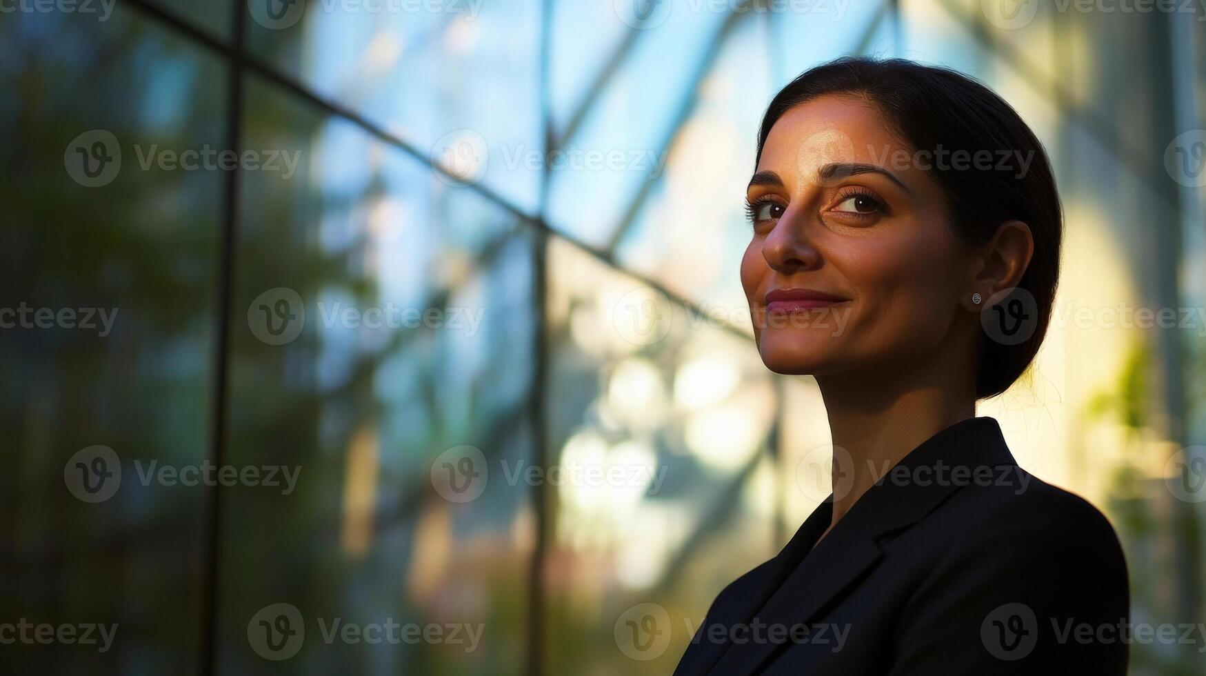 An engaging portrait of a diplomat is framed by a gentle haze of iconic architectural elements including twisted steel structures and geometric glass facades. The interplay of ligh photo