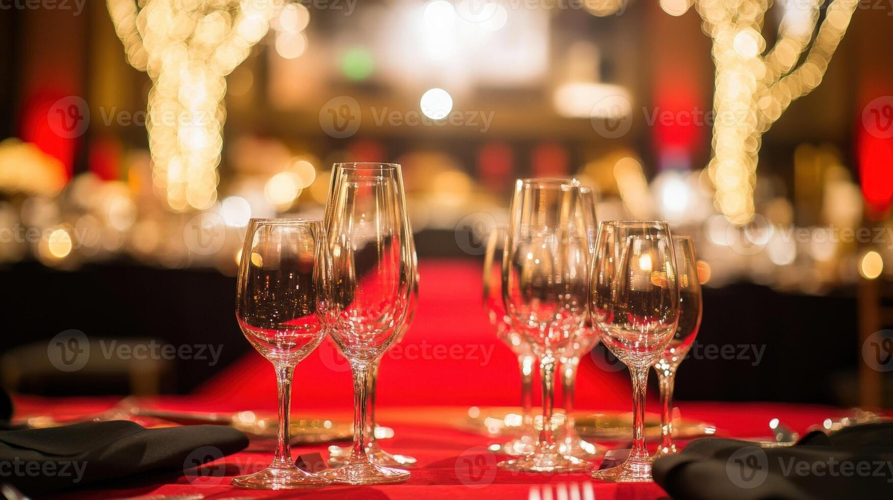 The diplomat pauses to reflect with a softfocus background featuring an array of glimmering glassware set upon elegantly draped tables highlighting the opulence surrounding the re photo