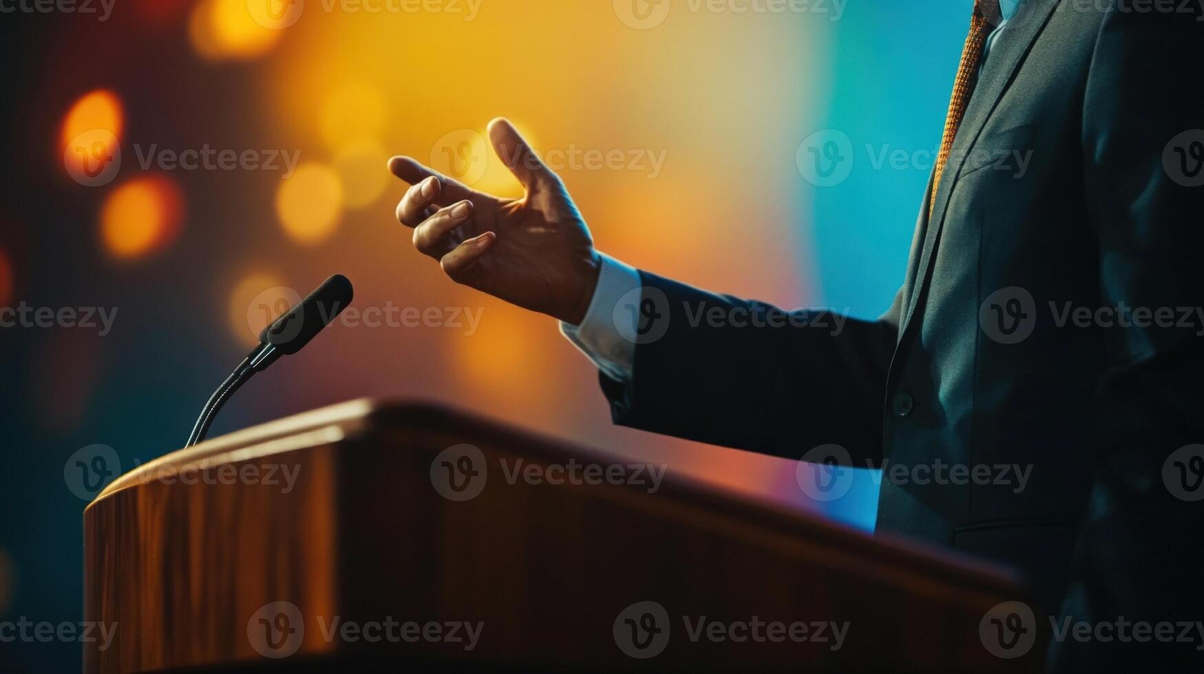 A closeup of the politicians hands gesturing emphatically while outlining policies with the backdrop softly fading into a gradient of rich colors. The ambient lighting accentuates th photo