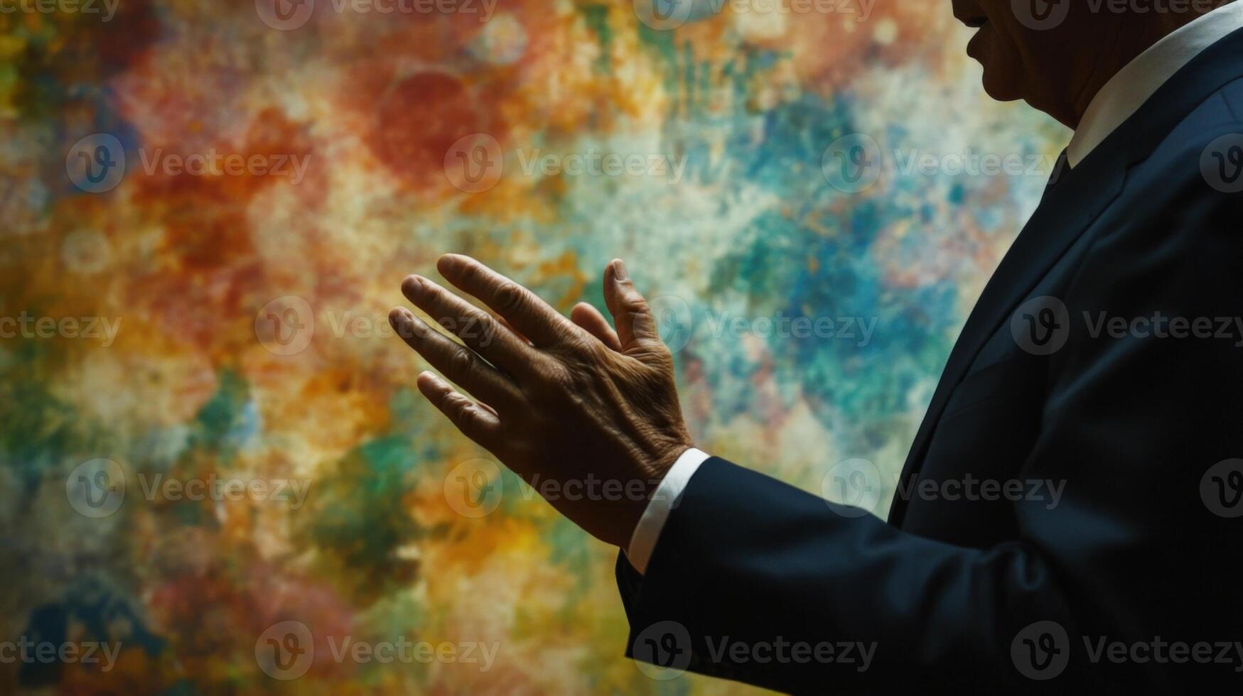 A seasoned diplomat hands clasped speaks animatedly while conveying a warm gesture. The backdrop reveals a subtle haze of celebrated global symbols merging into a tapestry of color photo