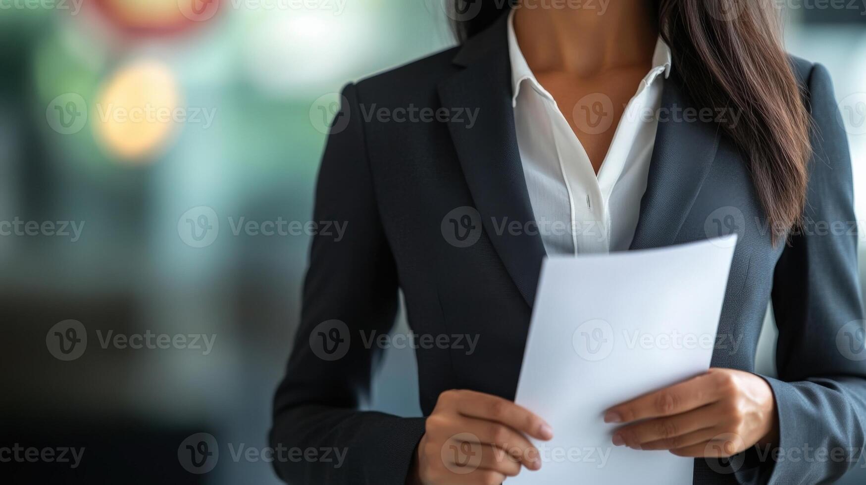 A female politician her suit impeccably tailored holds a significant document close to her chest her expression a mix of concern and purpose. In the outoffocus background the nationa photo