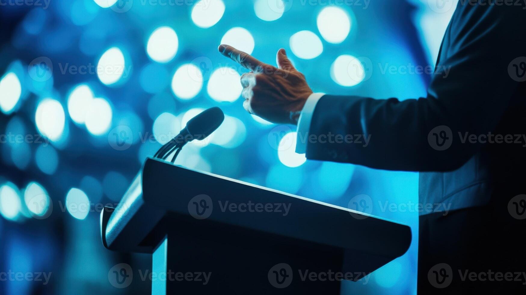 Captured in midsentence a politician deftly emphasizes a point with a raised hand at a polished podium. The outoffocus blue hues in the background create a serene yet impactful settin photo