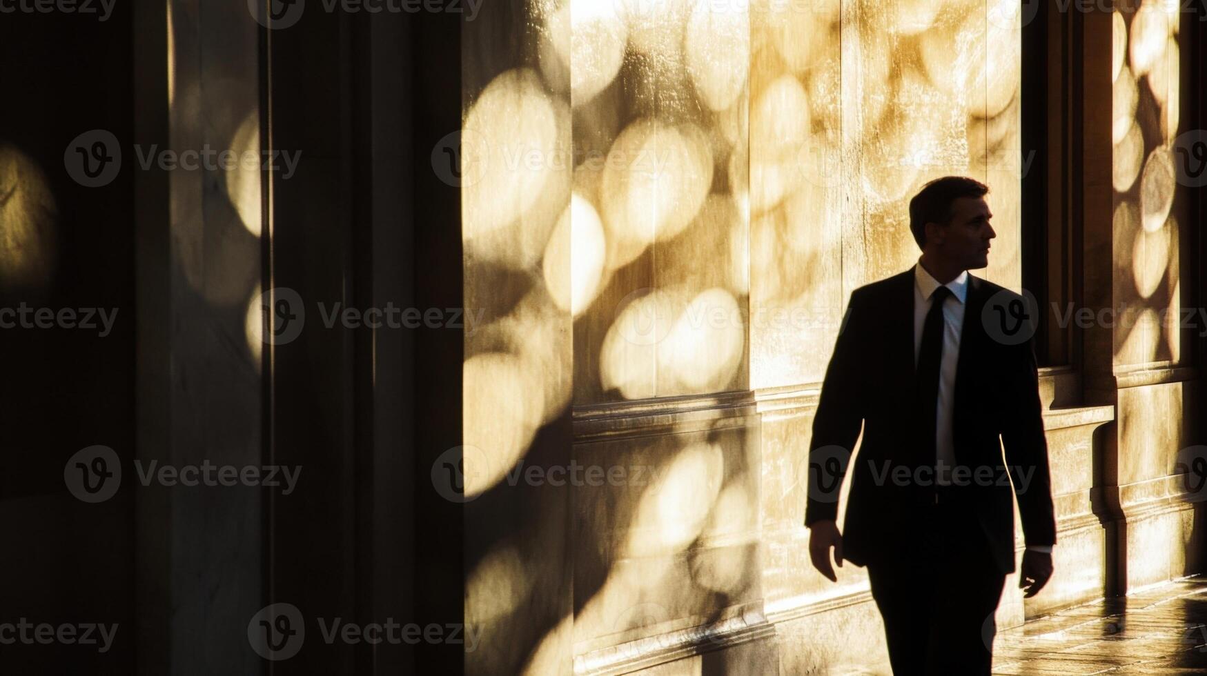 An elegantly dressed individual is captured midspeech exuding charisma and authority. Behind them iconic silhouettes of modern and classical structures hover softly out of focus creatin photo