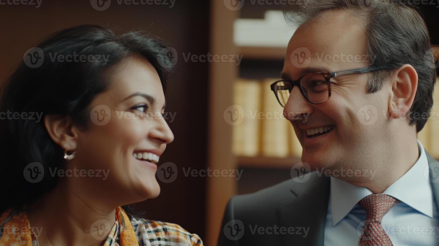 Captured midlaugh a diplomat and a colleague exchange a lighthearted jest their eyes sparkling with camaraderie. The backdrop softly out of focus reveals a cozy office filled with ric photo