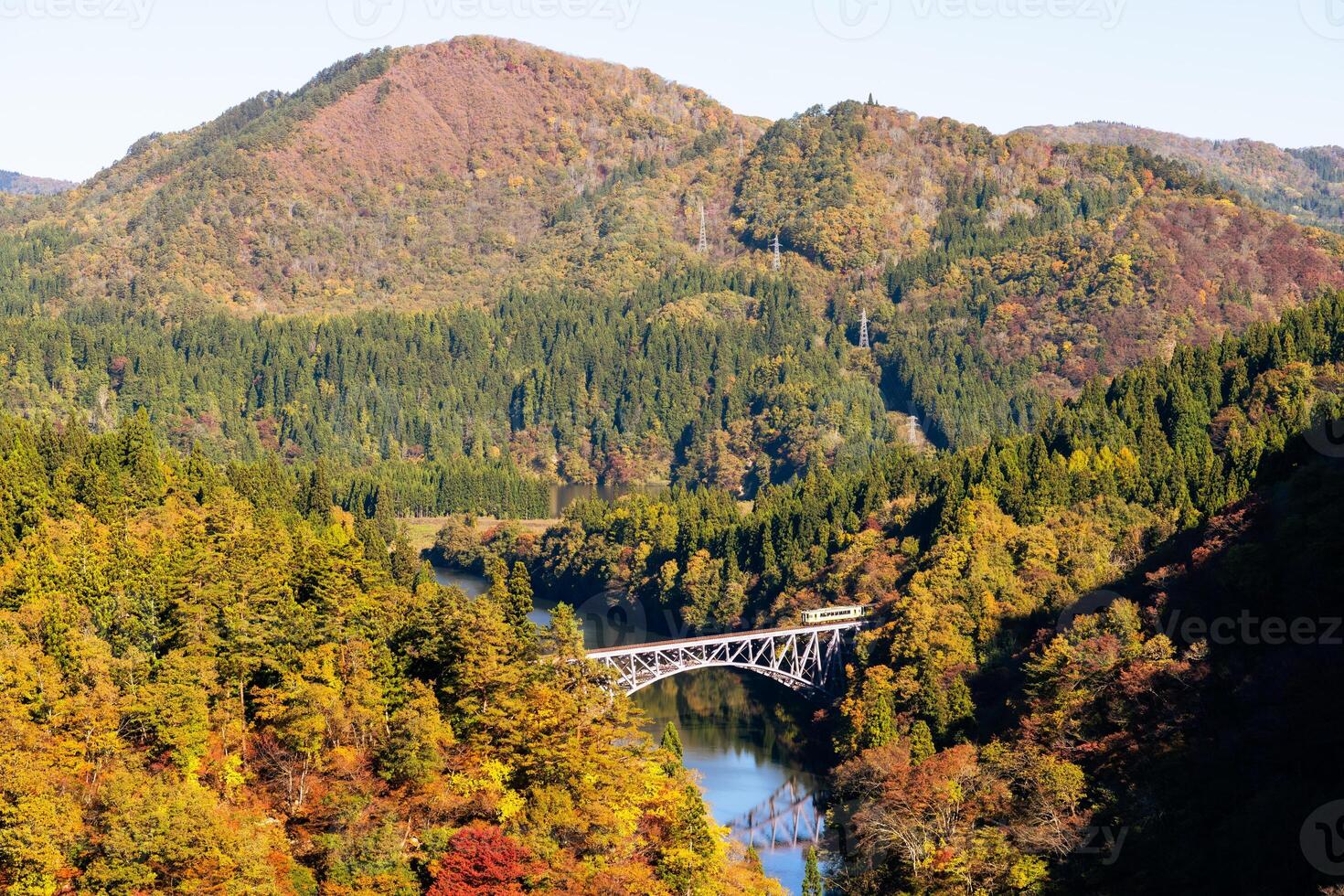 Beautiful Train run cross Daichi Tagamigawa Bridge view from First Tadami River Bridge photo