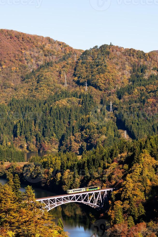 Train run cross Daichi Tagamigawa Bridge view from First Tadami River Bridge photo