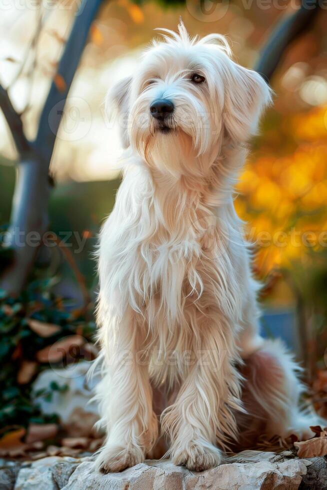 Majestic white dog sits gracefully on rock amidst an autumn backdrop with leaves, gazing into the distance. The dog appears calm and regal, blending beautifully with the natural setting photo