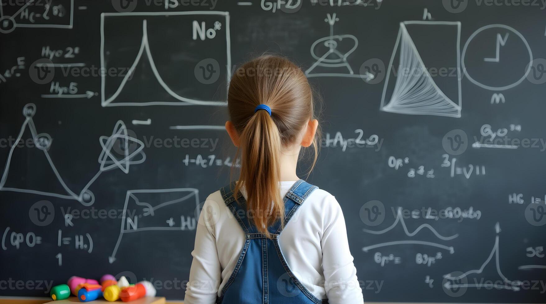 A little girl standing in front of a blackboard with math formulas photo