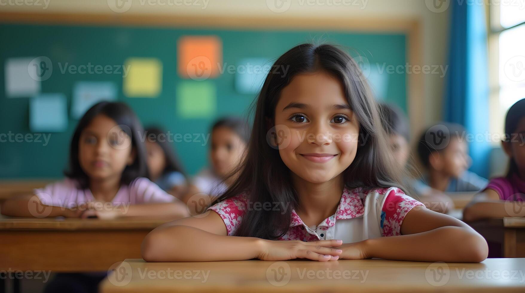 A young girl sitting at a desk in front of a classroom photo